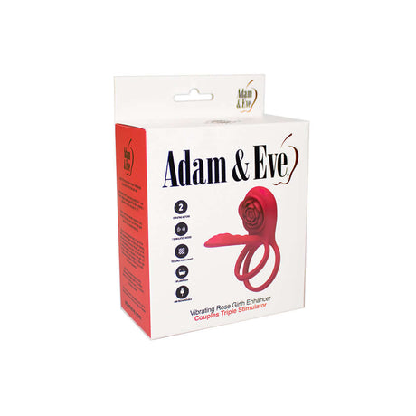 Adam & Eve Vibrating Rose Girth Enhancer Couples Triple Stimulator packaging, showcasing its unique rose design and features.