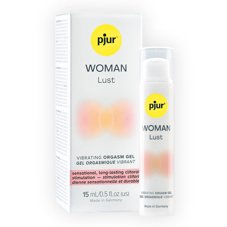 pjur Woman Lust Vibrating Orgasm Gel 15 ml packaging and bottle for enhanced clitoral stimulation.