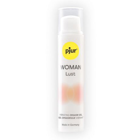 pjur Woman Lust Vibrating Orgasm Gel 15 ml in a sleek bottle designed for enhancing clitoral stimulation.