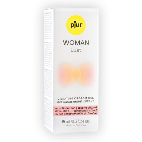 pjur Woman Lust Vibrating Orgasm Gel 15 ml packaging for enhanced clitoral stimulation and arousal.