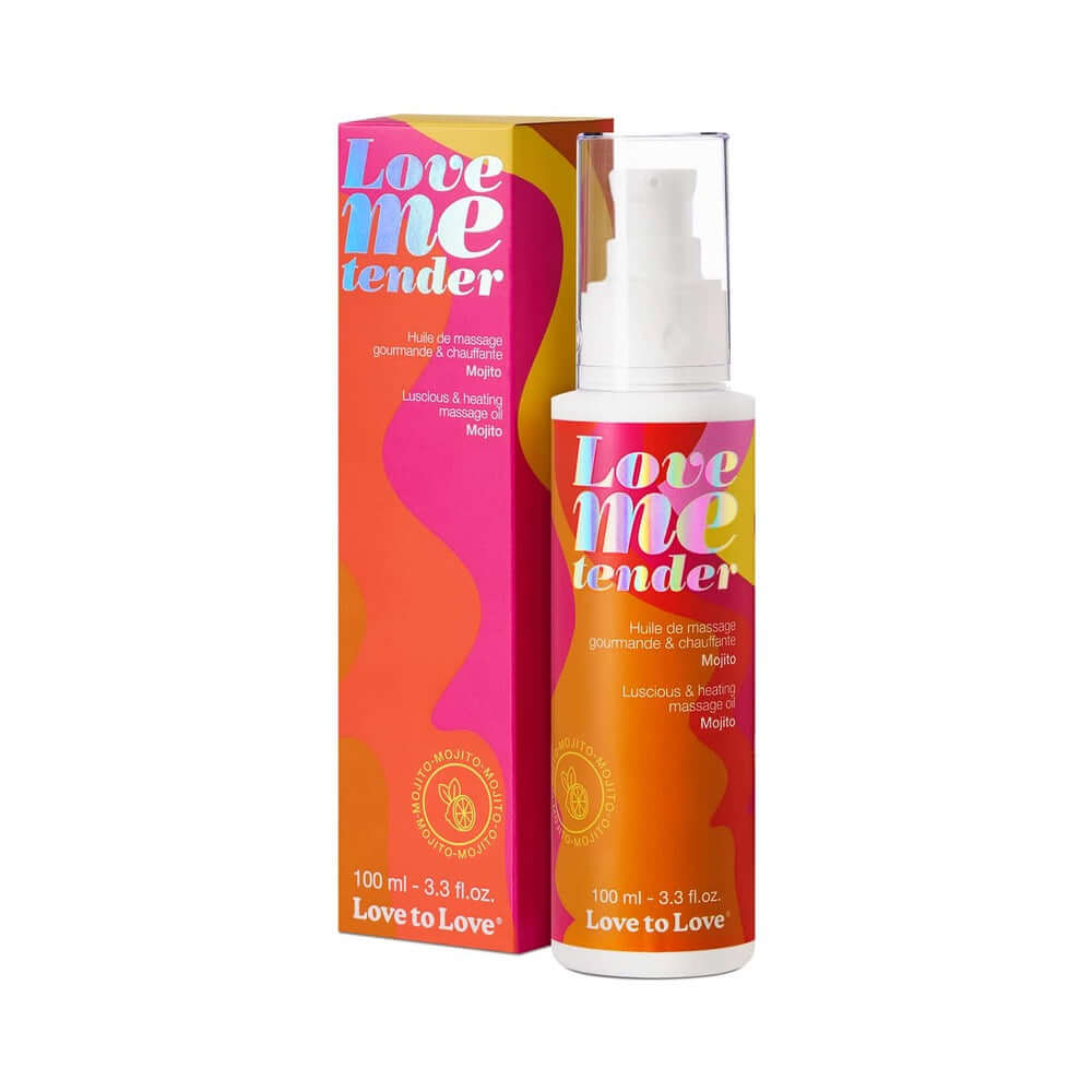 Love Me Tender Luscious & Heating Massage Oil Mojito 3.3 Oz in a vibrant packaging with a spray bottle.