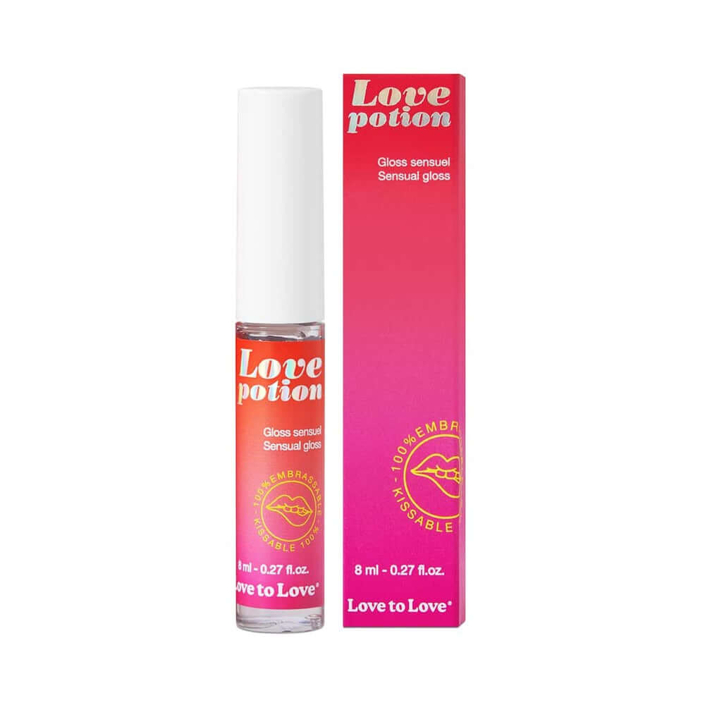 Love to Love Love Potion Sensual Gloss 0.27 Oz with vibrant packaging and applicator for an electrifying kiss experience.