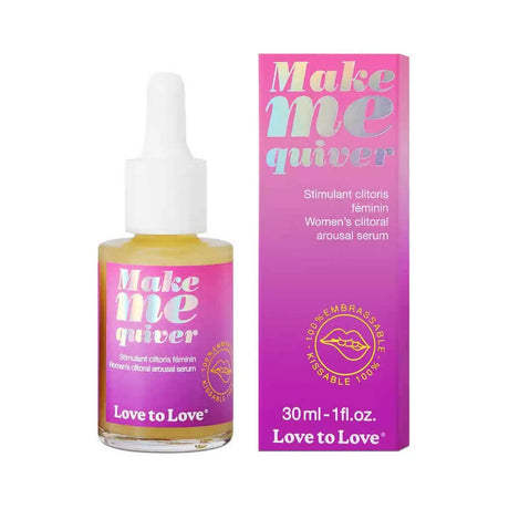 Love to Love Make Me Quiver Clitoral Arousal Serum 1 Oz packaging and bottle showcasing mint-infused formula for enhanced pleasure.