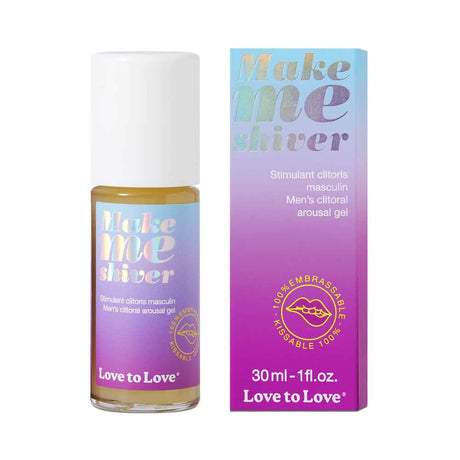 Love to Love Make Me Shiver Frenulum Stimulating Serum 1 Oz in bottle and packaging for enhanced intimacy.