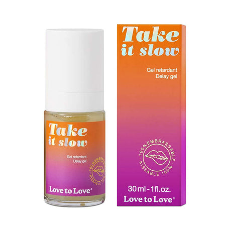 Love to Love Take It Slow Delay Gel 1 Oz packaging and bottle, designed for extending intimate pleasure.