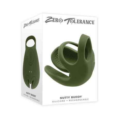 Zero Tolerance Nutty Buddy Cock Ring Stimulator Silicone Green packaging showcasing its design and features.