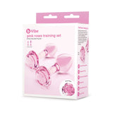 b-Vibe Glass Pink Roses Training Plug Set with two glass butt plugs in a pink box featuring rose-detailed bases.