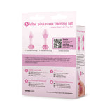 b-Vibe Glass Pink Roses Training Plug Set packaging with two glass butt plugs and care information.