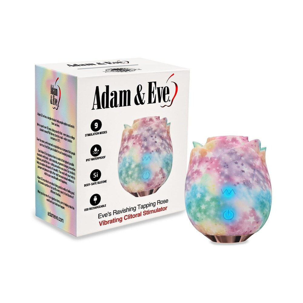 Adam and Eve Eves Ravishing Rose Tapping Clitoral Stimulator in galaxy rainbow finish packaging.