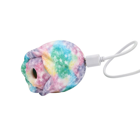Adam and Eve Eves Ravishing Rose Tapping Clitoral Stimulator in a galaxy rainbow finish with a charging cable.