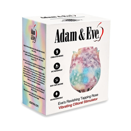 Adam and Eve Eves Ravishing Rose Tapping Clitoral Stimulator packaging showing features and vibrant design.