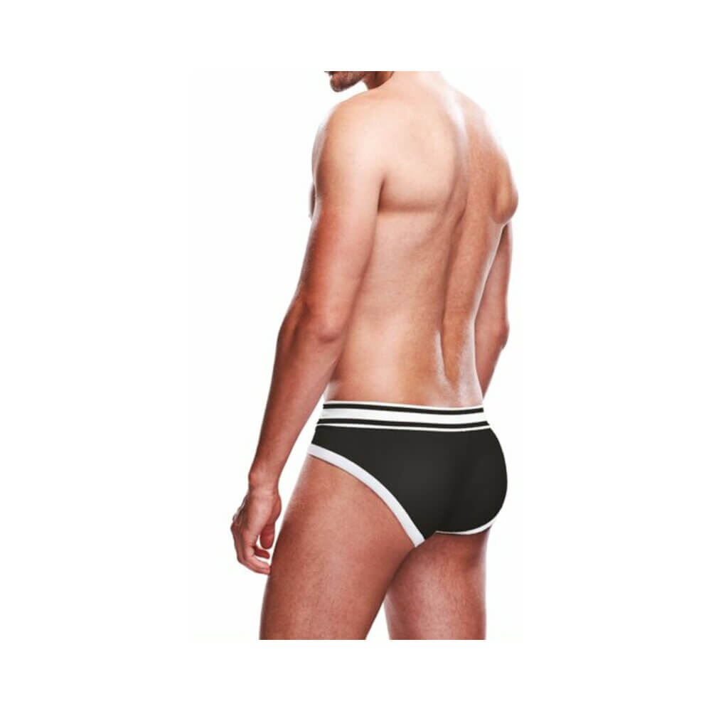 Prowler Brief Black White Medium displayed on a model, showcasing sleek black design with white trim.