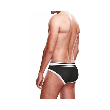 Prowler Brief Black White Size S worn by a man, showcasing the sleek black design with white trim from the back.