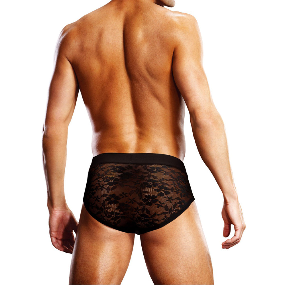 Prowler Lace Brief Black XL Mens Underwear showcasing a model from the back, highlighting the stylish lace design.
