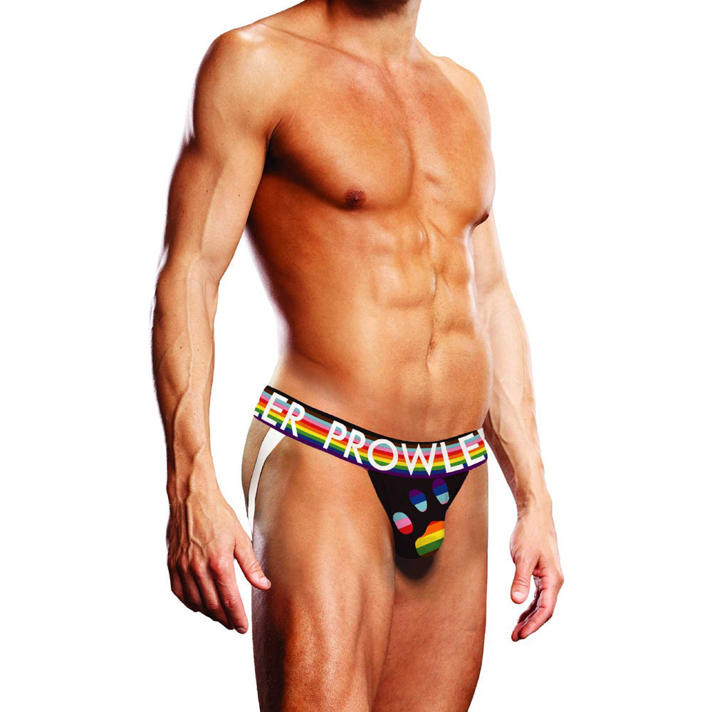 Prowler Oversized Paw Jock Strap Black 2XL featuring the Progress Pride flag's colors on the waistband.