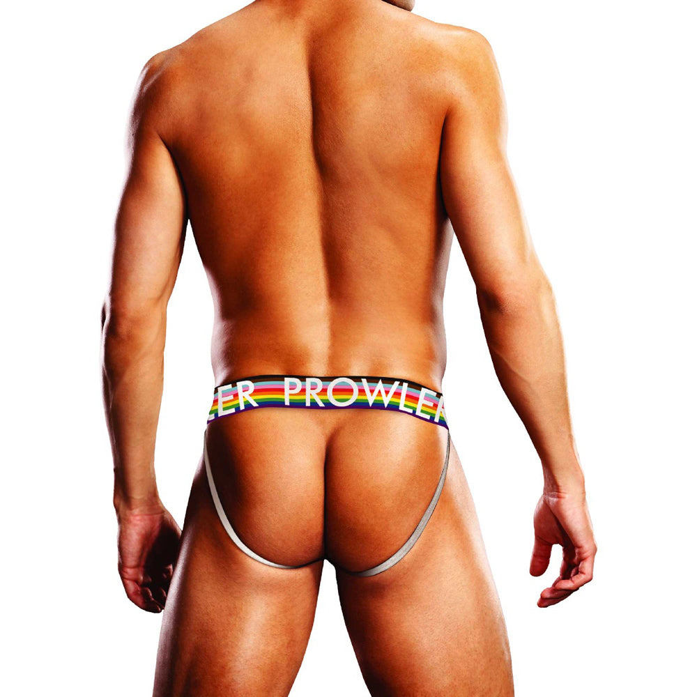 Prowler Oversized Paw Jock Strap Black 2XL showcased from behind, featuring a colorful waistband and Prowler logo.