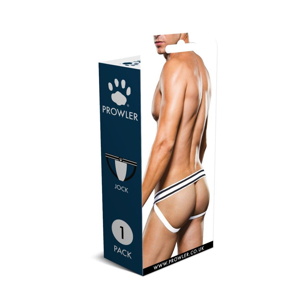 Prowler Jock Strap Black White Medium packaging featuring a model showcasing the back design and waistband.