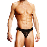 Prowler Lace Jock Strap Black Medium worn by a model showcasing its revealing design and comfortable fit.