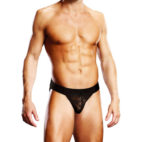 Prowler Lace Jock Strap Black Medium worn by a model showcasing its revealing design and comfortable fit.