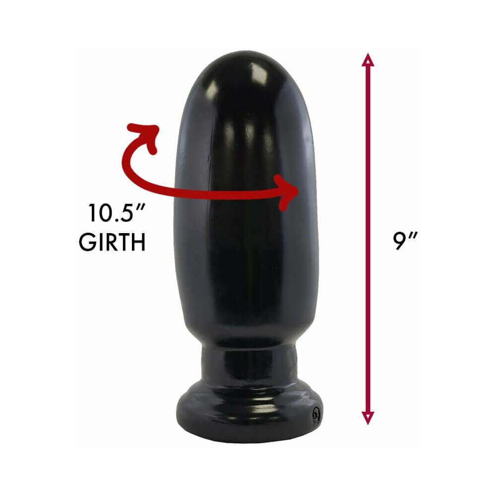 Prowler RED Thud 8 inches Anal Plug Black showcasing dimensions of 10.5 inches girth and 9 inches height.