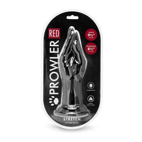 Prowler RED Stretch Fisting Dildo Black 9.5 inch in packaging showcasing sculpted design and measurements.