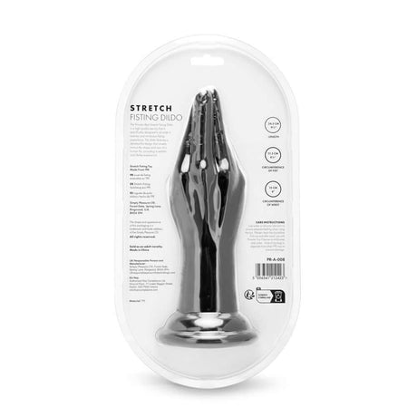 Prowler RED Stretch Fisting Dildo Black 9.5 inch packaging featuring a stylized fist design for intense fullness.