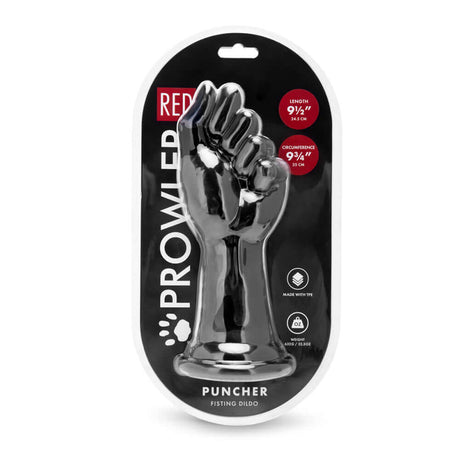Prowler RED Puncher Fisting Dildo Black 9.5 inch packaging showing its unique fist design and dimensions.