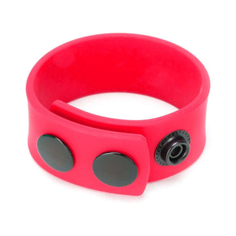 Prowler RED Silicone Cock Strap Red featuring a vibrant red silicone design with dual black buttons for added style.