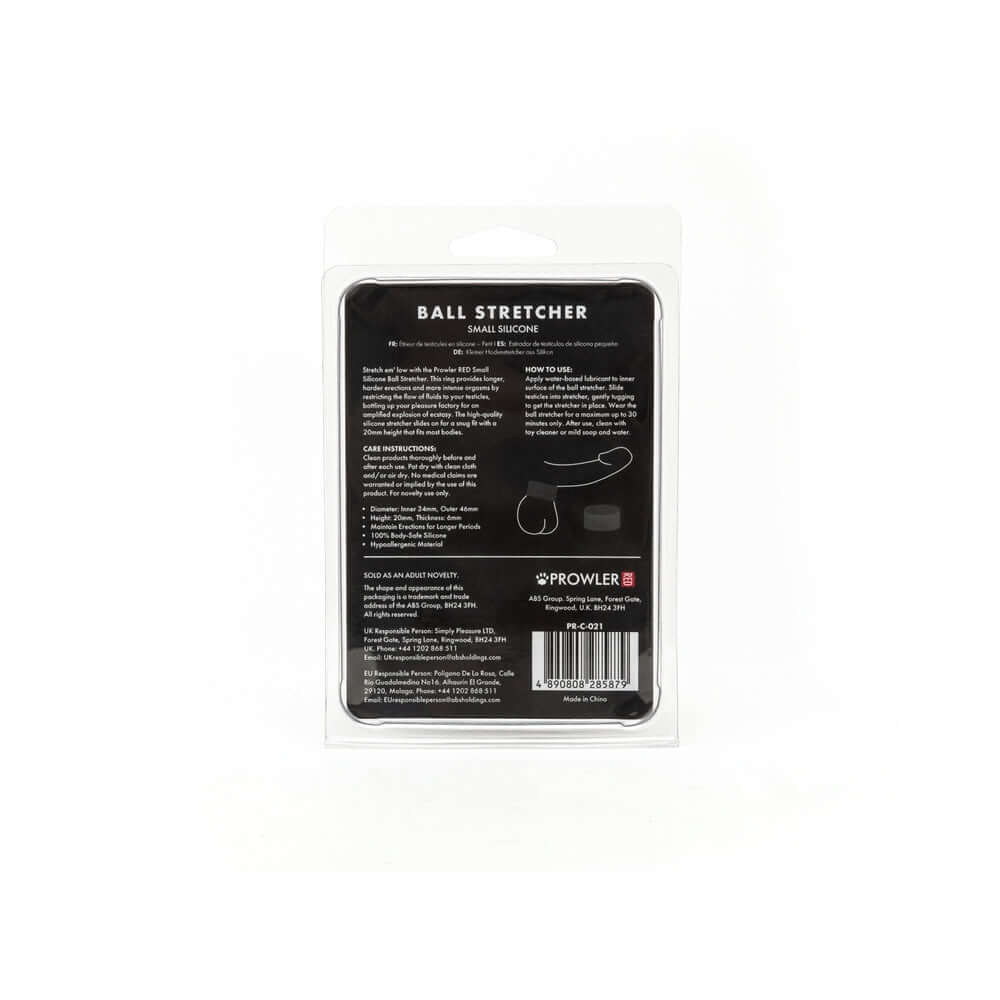 Prowler RED Silicone Ball Stretcher Black S packaging back with product details and instructions.