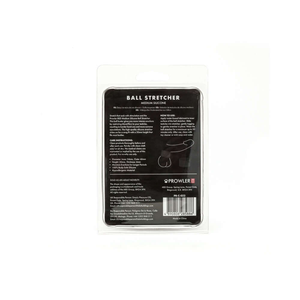 Prowler RED Silicone Ball Stretcher Black M package instructions with details for use and care.