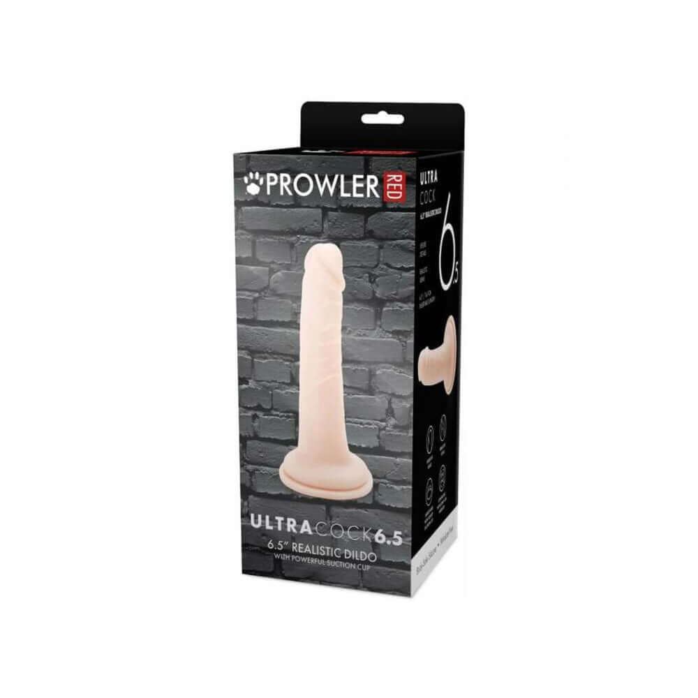 Prowler RED Ultra Cock 6.5 inch Realistic Dildo Vanilla packaging on a dark background.