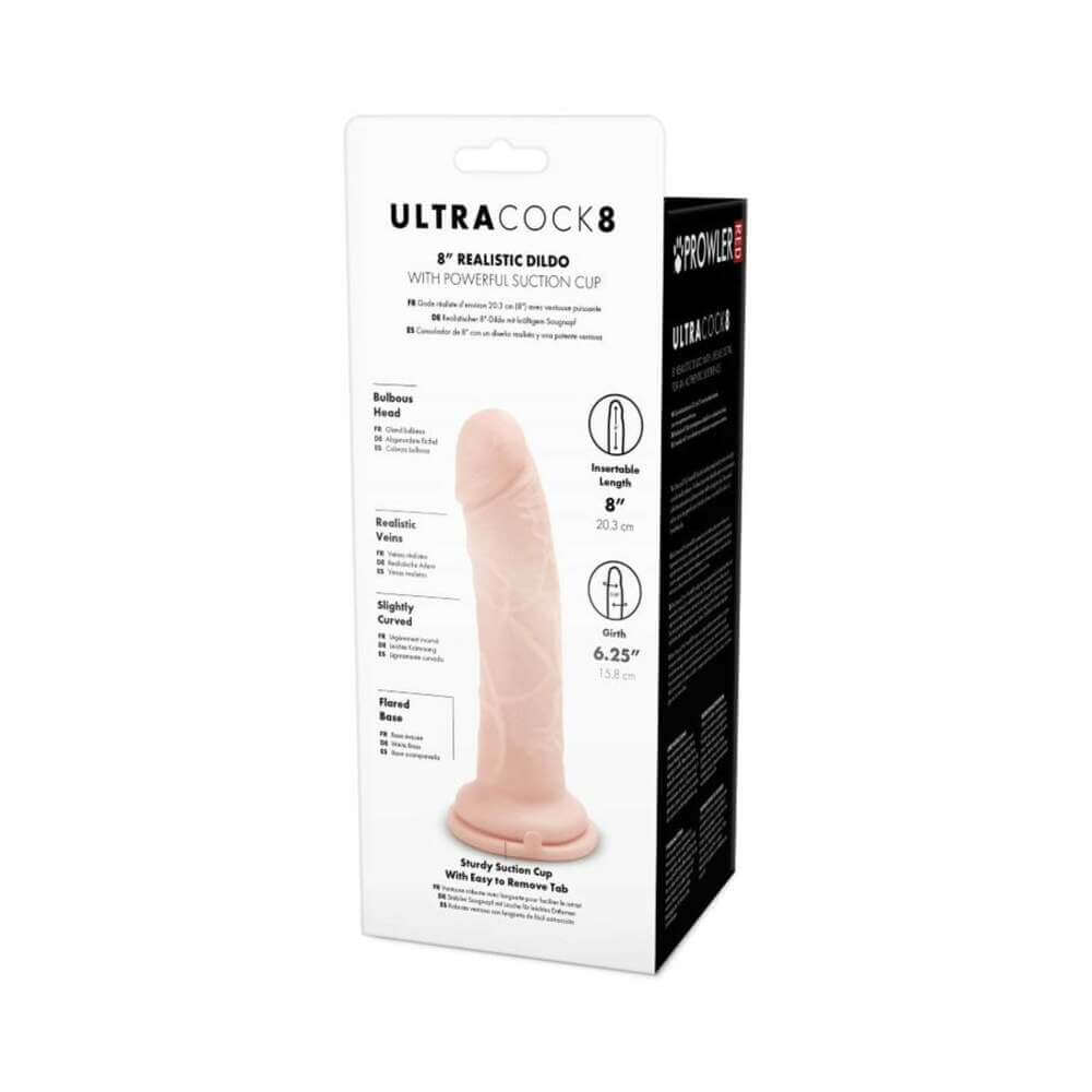 Prowler RED Ultra Cock 8 inch Realistic Dildo Vanilla packaging showing suction cup and product specifications.