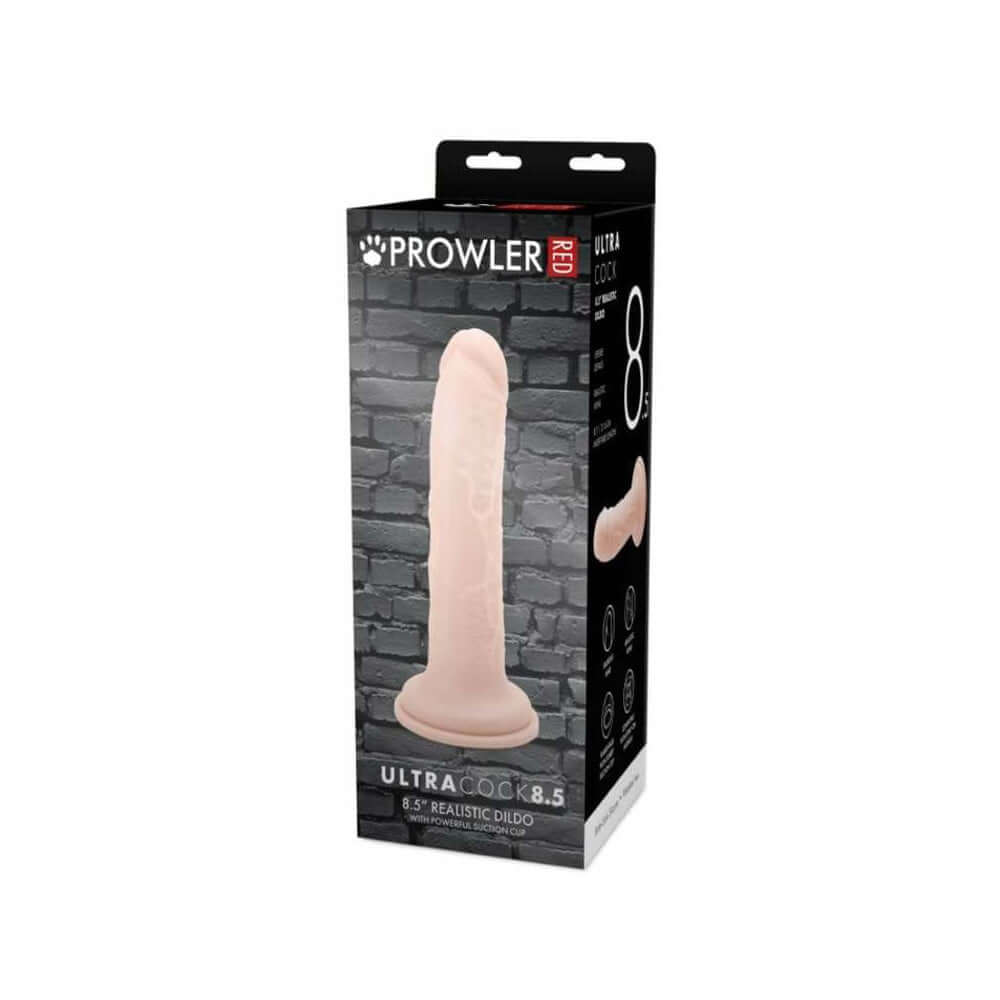 Prowler RED Ultra Cock 8.5 inch Realistic Dildo Vanilla packaging displayed on a black brick background.
