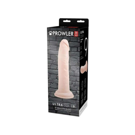 Prowler RED Ultra Cock 9 inch Realistic Dildo Vanilla packaging on a display.