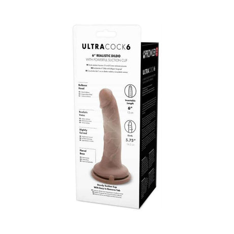 Prowler RED Ultra Cock 6 inch Realistic Dildo Caramel packaging featuring detailed design and suction cup for stability.