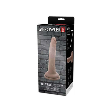 Prowler RED Ultra Cock 7 inch Realistic Dildo Caramel in packaging against a textured wall background.