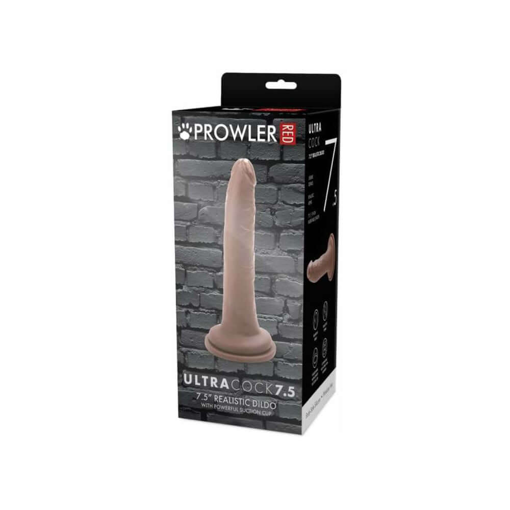 Prowler RED Ultra Cock 7.5 inch Realistic Dildo Caramel packaging showcasing lifelike details and design.