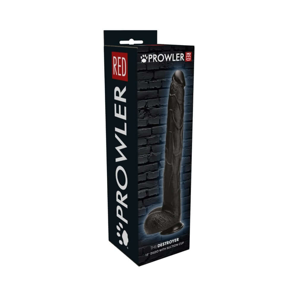 Prowler RED The Destroyer 15 Inches Dildo Black packaging showcasing its realistic design and features.