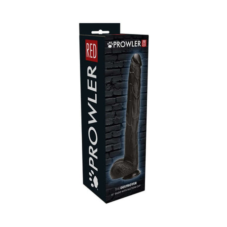 Prowler RED The Destroyer 15 Inches Dildo Black packaging showcasing its realistic design and features.