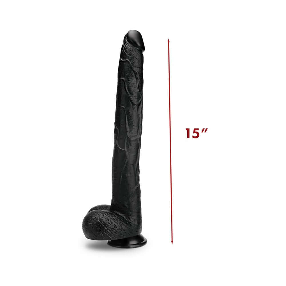 Prowler RED The Destroyer 15 Inches Dildo Black showing realistic design with detailed balls and size reference.
