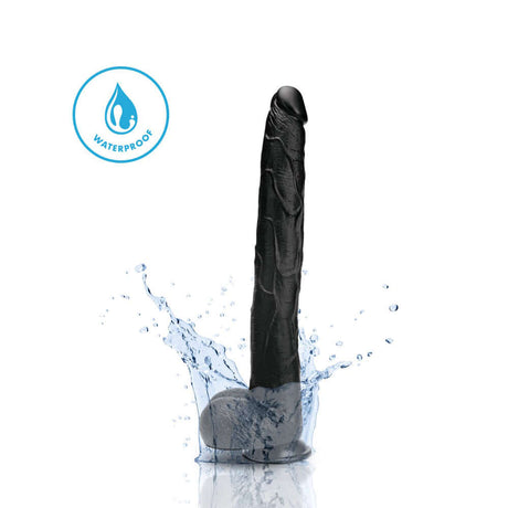 Prowler RED The Destroyer 15 Inches Dildo Black splashing in water, showcasing its waterproof design.