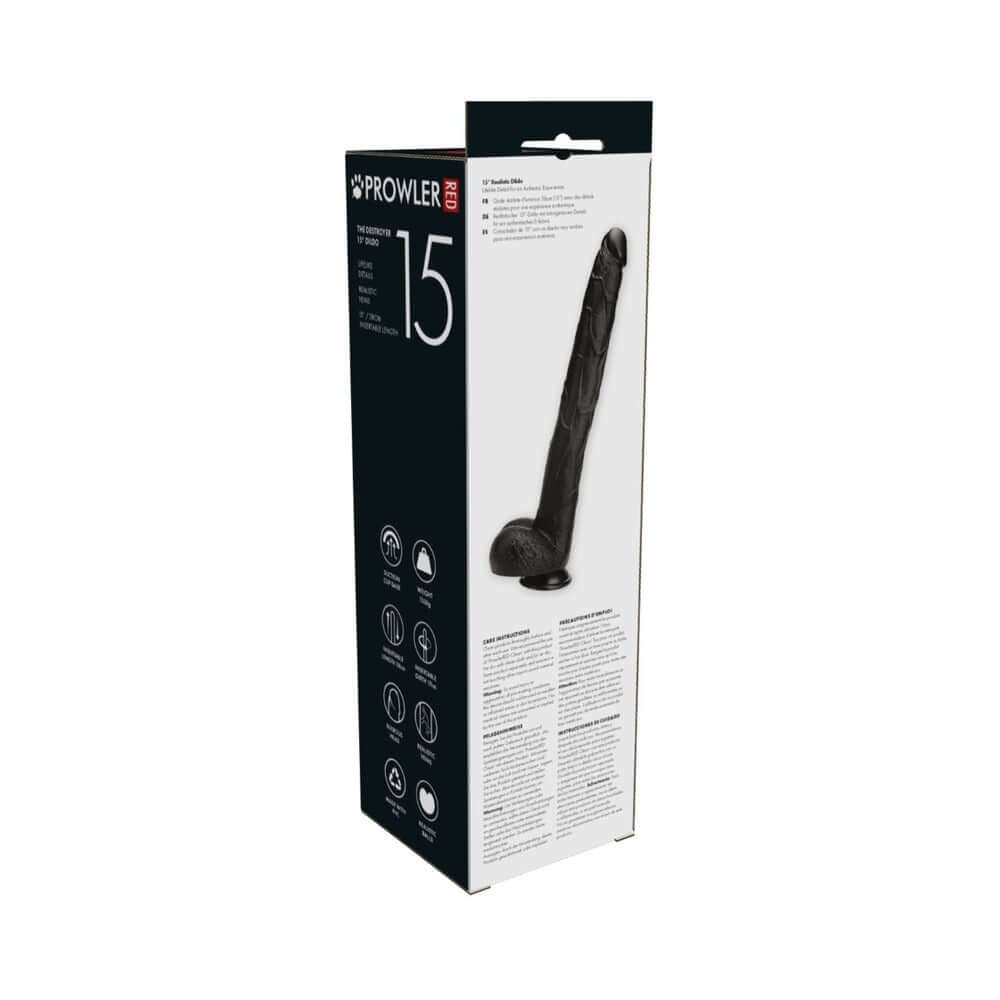 Prowler RED The Destroyer 15 Inches Dildo Black product packaging showcasing realistic design and features.