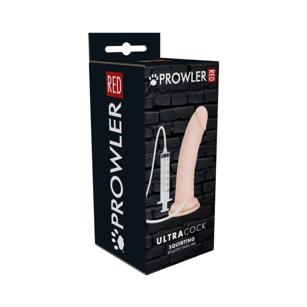 Prowler RED Ultra Cock 8 inch Realistic Squirting Dildo packaging on display with product details.