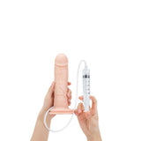 Prowler RED Ultra Cock 8 inch Realistic Squirting Dildo being showcased with a syringe for realistic use.