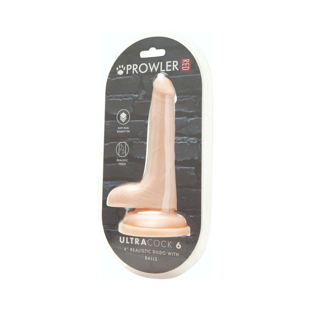 Prowler RED Ultra Cock 6 inch Dual Density Dildo with Balls Vanilla packaging featuring a realistic design.