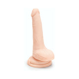 Prowler RED Ultra Cock 6 inch Dual Density Dildo with Balls Vanilla displayed on a base for stability.