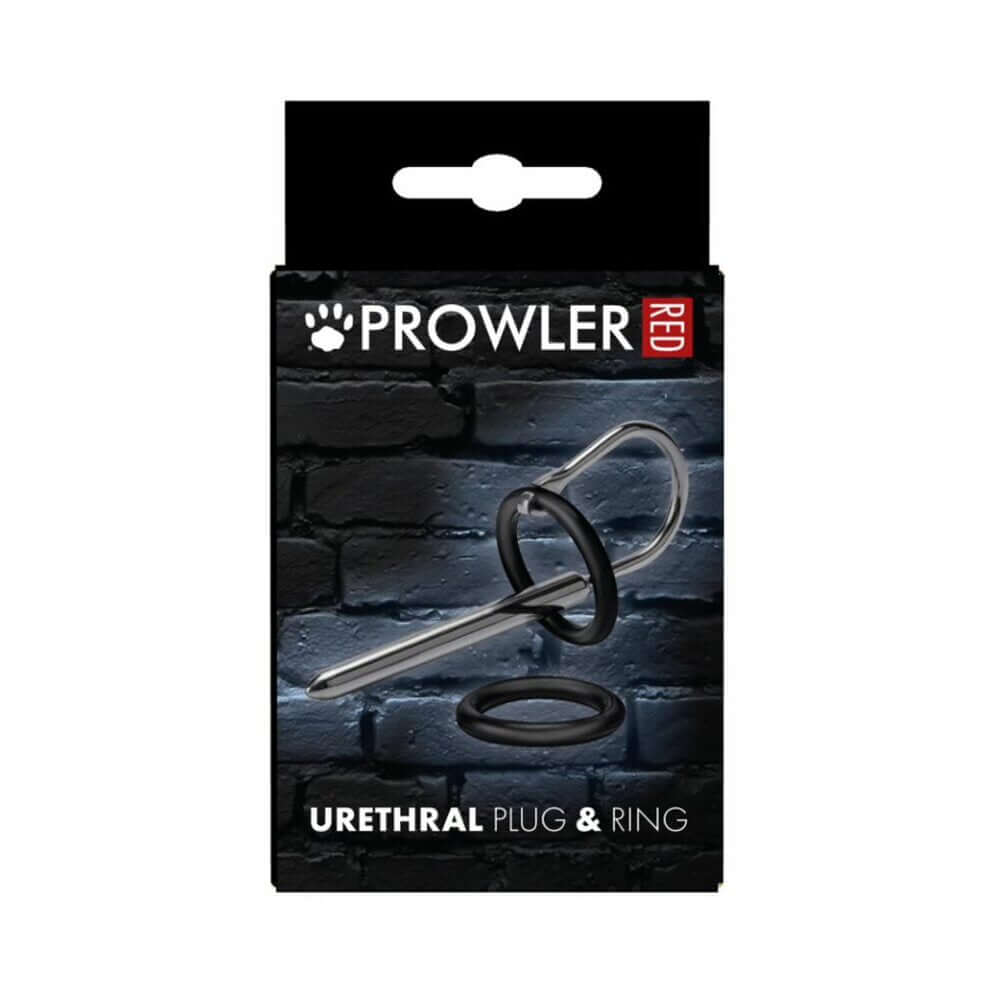 Prowler RED Urethral Plug & Ring Stainless Steel packaged against a dark background for enhanced sensation and exploration.