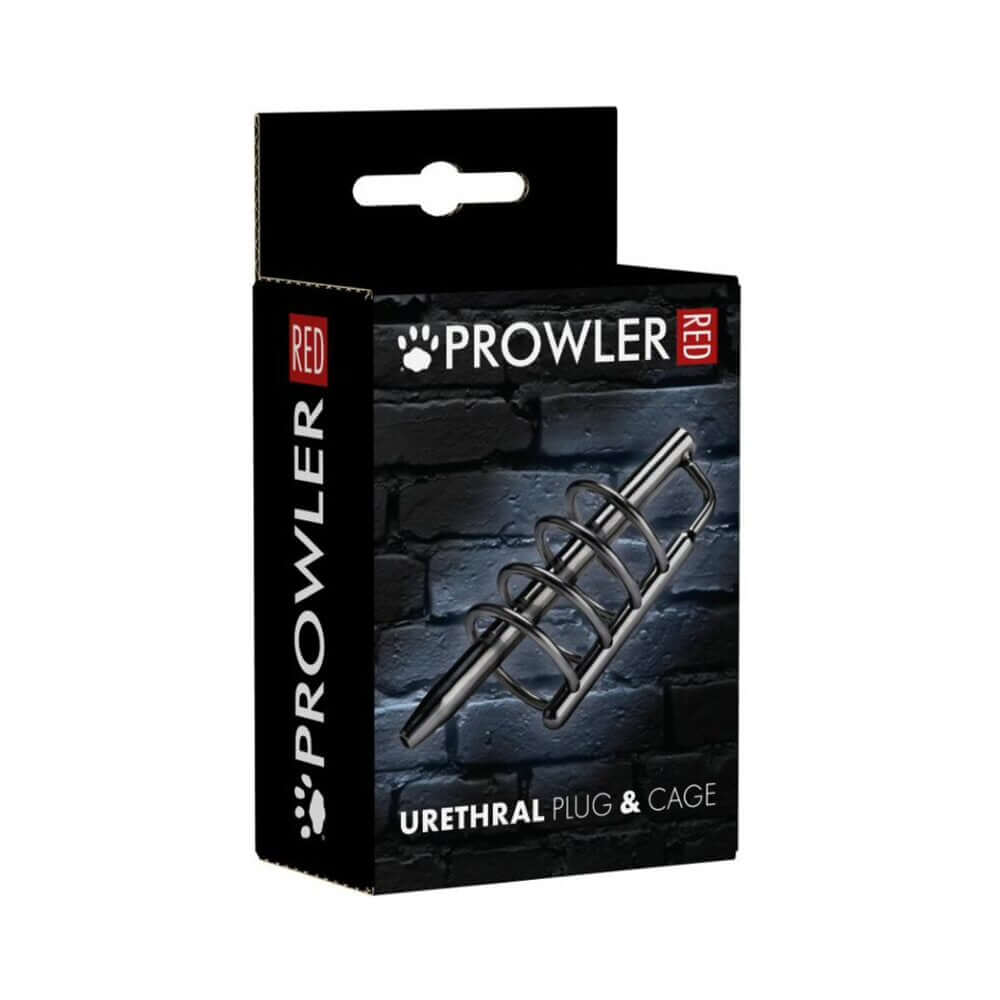 Prowler RED Urethral Plug & Cage Stainless Steel packaging design with black background.