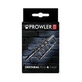 Prowler RED Urethral Plug & Cage Stainless Steel product packaging on a black brick background.