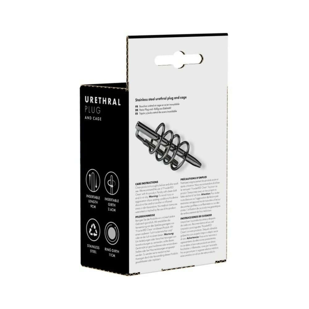 Prowler RED Urethral Plug & Cage Stainless Steel packaging showcasing instructions and specifications.